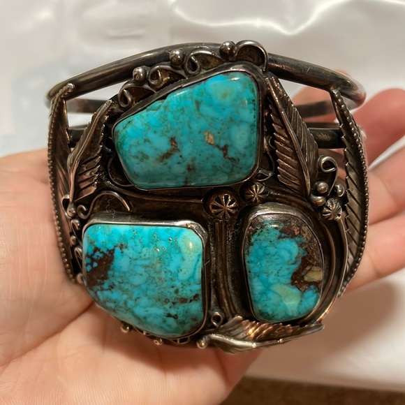 native american Jewelry - Vintage huge Signed Sterling Navajo Feather Cuff bracelet with turquoise